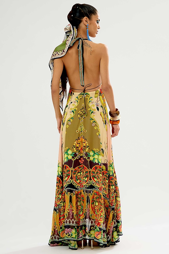 Olive & Orange Silk Chiffon Frilled Maxi Cocktail Dress by Rajdeep Ranawat at Pernia's Pop Up Shop