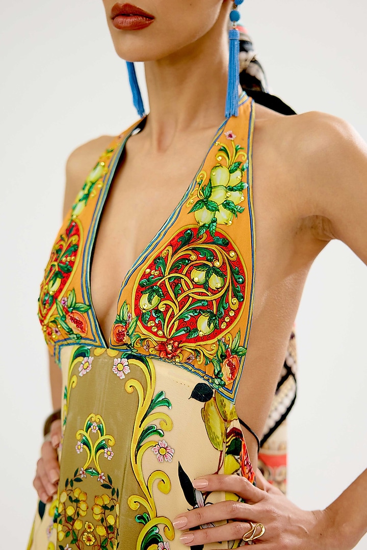 Olive & Orange Silk Chiffon Frilled Maxi Cocktail Dress by Rajdeep Ranawat at Pernia's Pop Up Shop