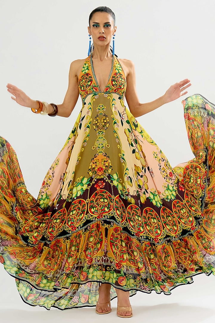 Olive & Orange Silk Chiffon Frilled Maxi Cocktail Dress by Rajdeep Ranawat at Pernia's Pop Up Shop