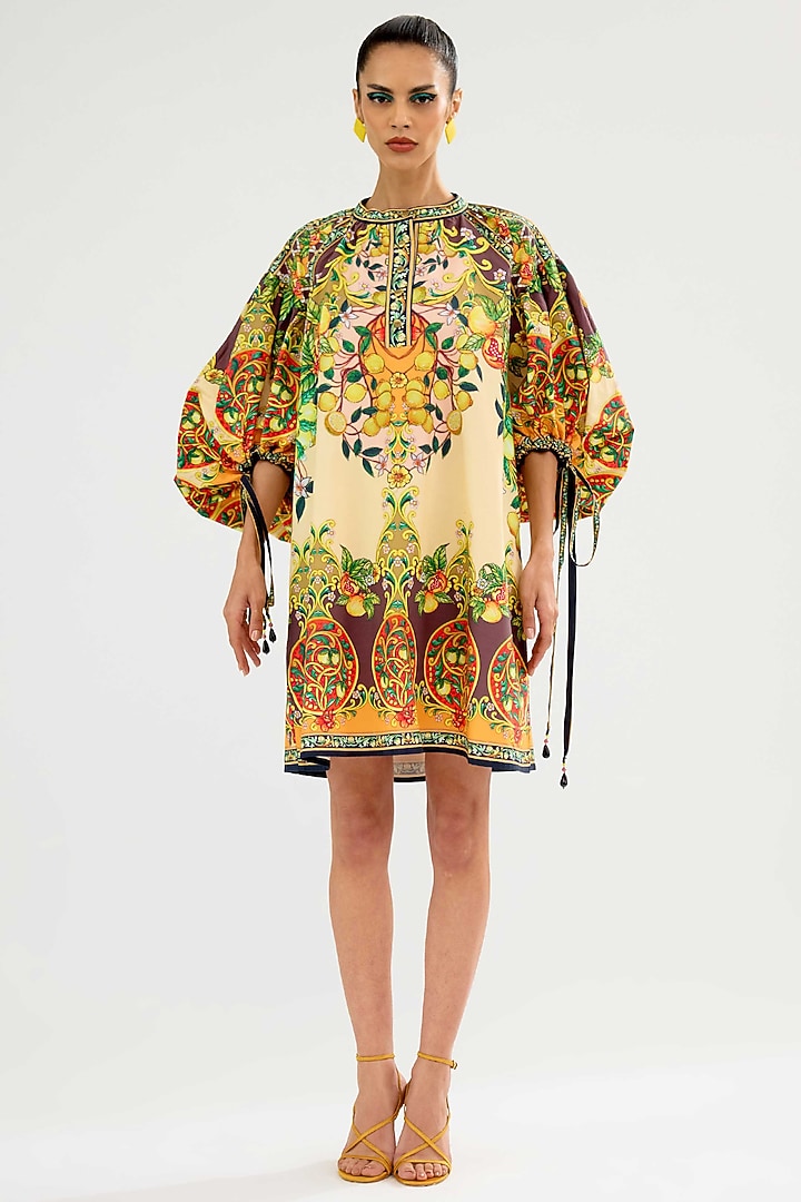 Vanilla & Orange Cotton Poplin Printed Mini Vacation Dress by Rajdeep Ranawat at Pernia's Pop Up Shop