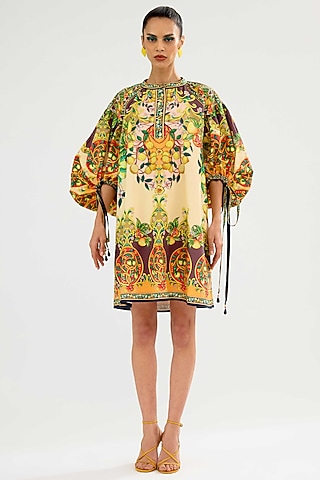 Vanilla & Orange Cotton Poplin Printed Mini Dress by Rajdeep Ranawat