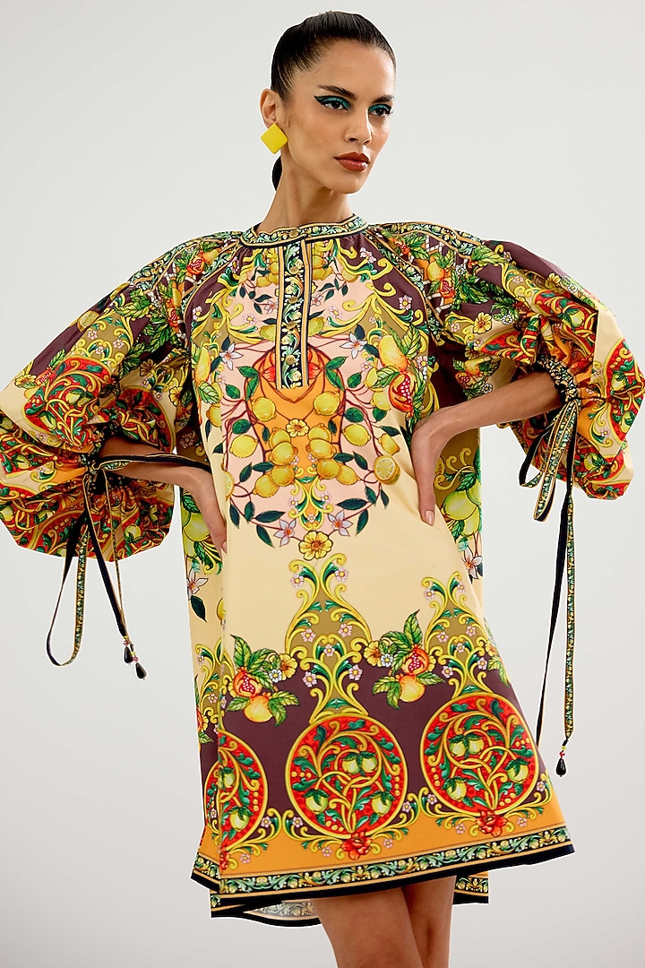 Vanilla & Orange Cotton Poplin Printed Mini Vacation Dress by Rajdeep Ranawat at Pernia's Pop Up Shop