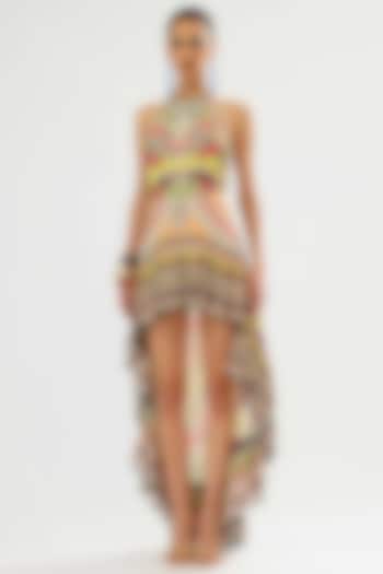 Multi-Colored Cotton Silk Printed High-Low Frilled Cocktail Dress by Rajdeep Ranawat at Pernia's Pop Up Shop