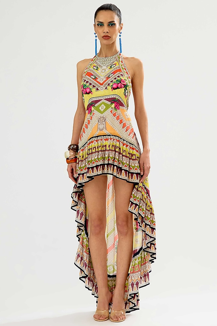 Multi-Colored Cotton Silk Printed High-Low Frilled Cocktail Dress by Rajdeep Ranawat at Pernia's Pop Up Shop