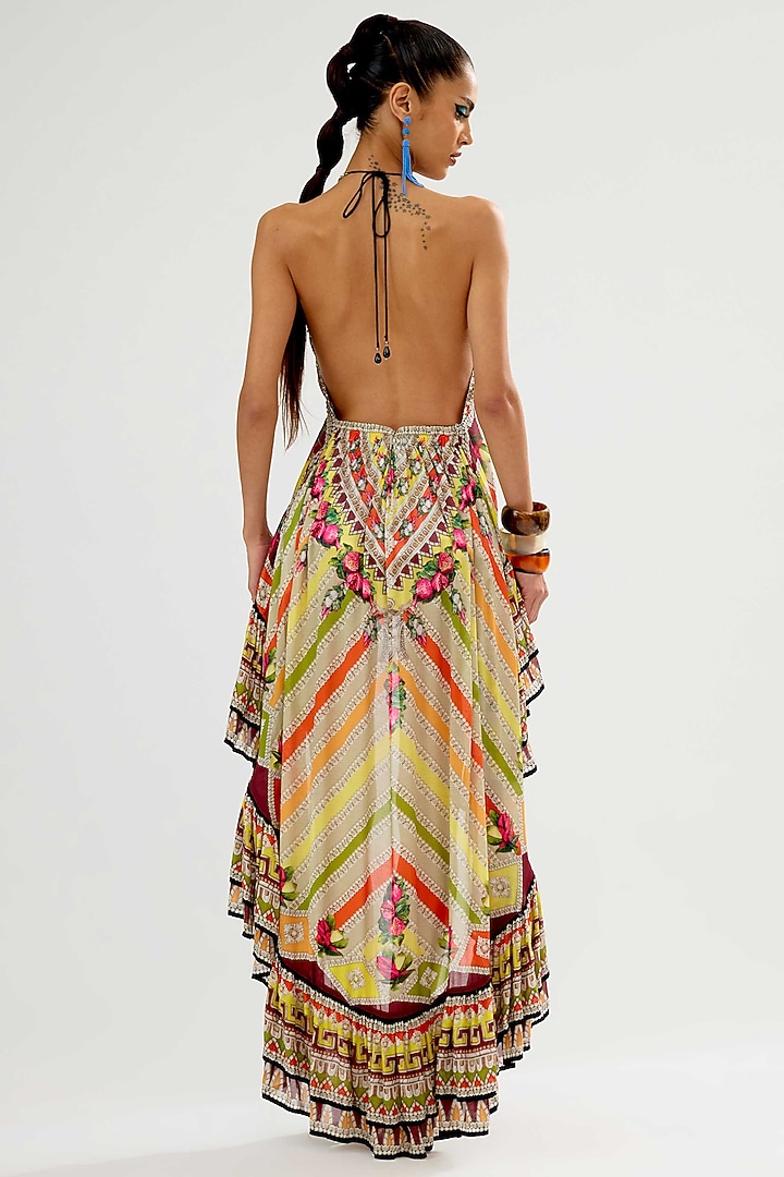 Multi-Colored Cotton Silk Printed High-Low Frilled Cocktail Dress by Rajdeep Ranawat at Pernia's Pop Up Shop