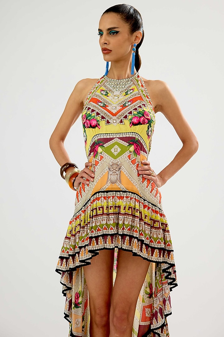 Multi-Colored Cotton Silk Printed High-Low Frilled Cocktail Dress by Rajdeep Ranawat at Pernia's Pop Up Shop