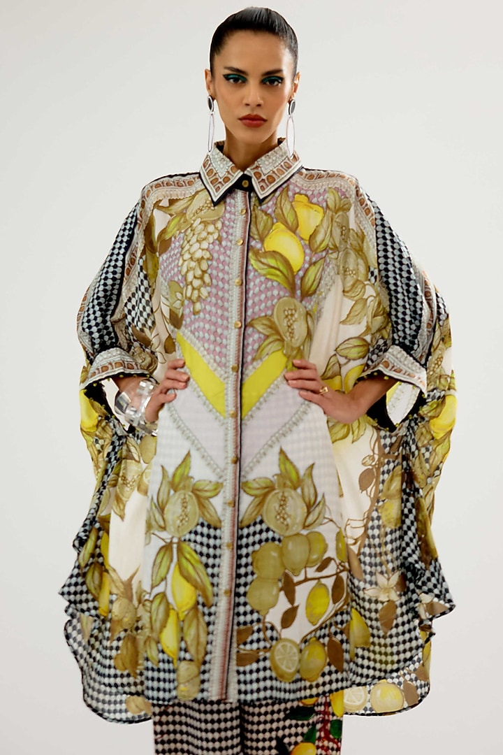 Ivory & Black Silk Printed Kaftan Tunic by Rajdeep Ranawat at Pernia's Pop Up Shop