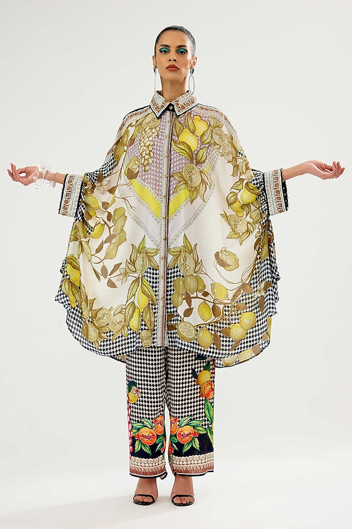 Ivory & Black Silk Printed Kaftan Tunic by Rajdeep Ranawat at Pernia's Pop Up Shop