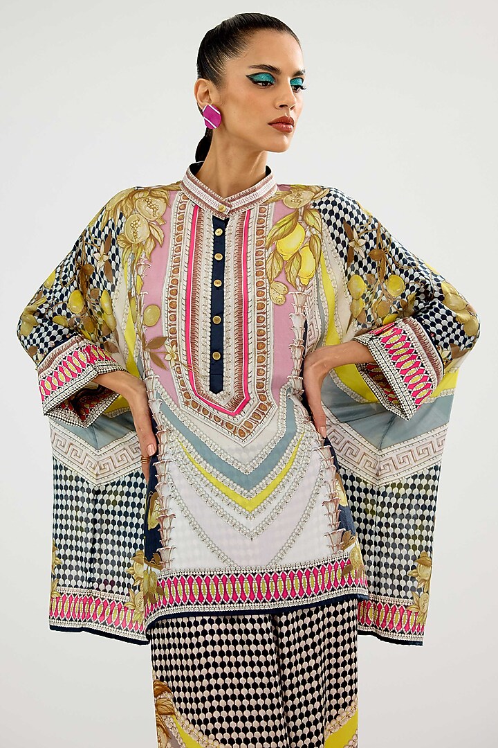 Ivory & Blush Silk Printed Tunic by Rajdeep Ranawat at Pernia's Pop Up Shop