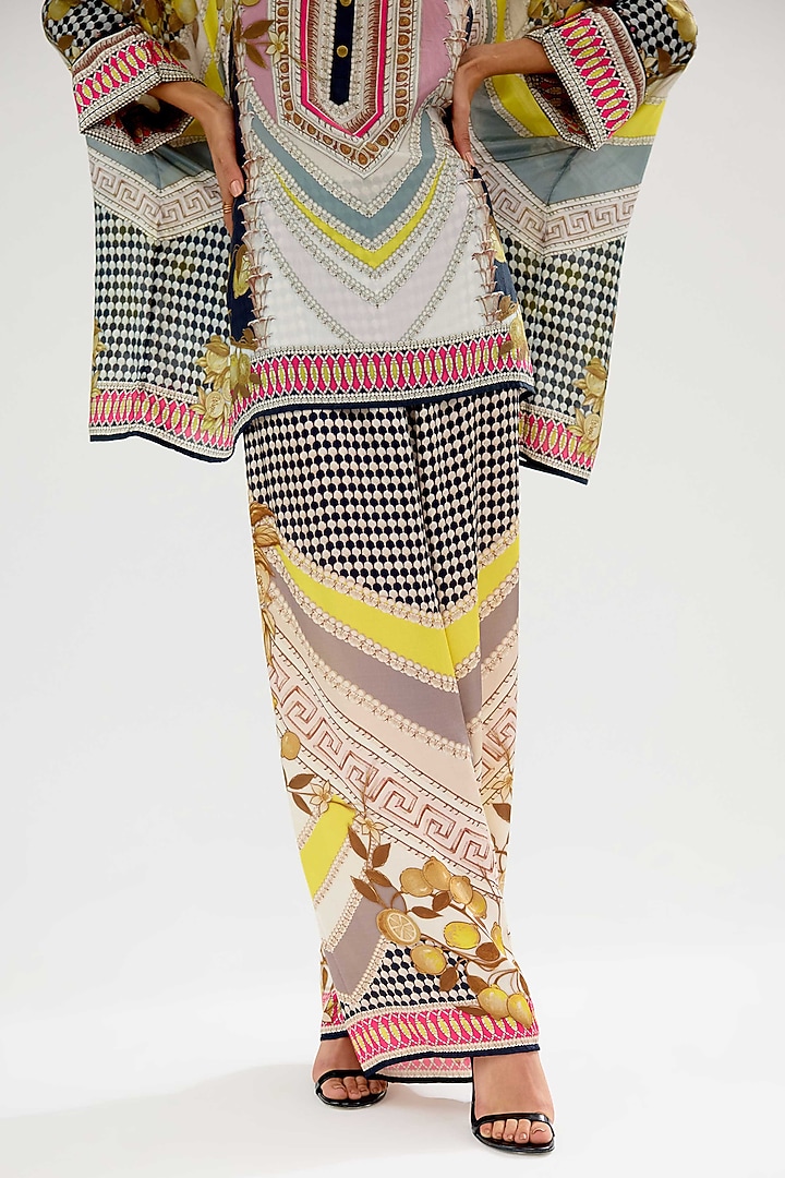 Ivory & Blush Modal Satin Printed Pants by Rajdeep Ranawat at Pernia's Pop Up Shop