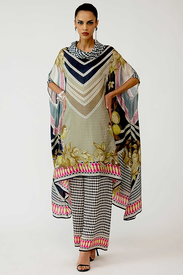 Fuchsia & Taupe Silk Printed Kaftan Tunic by Rajdeep Ranawat at Pernia's Pop Up Shop