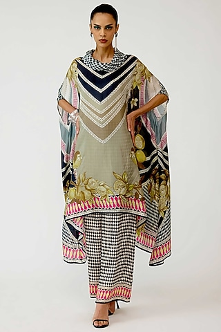 Fuchsia & Taupe Silk Printed Kaftan Tunic by Rajdeep Ranawat