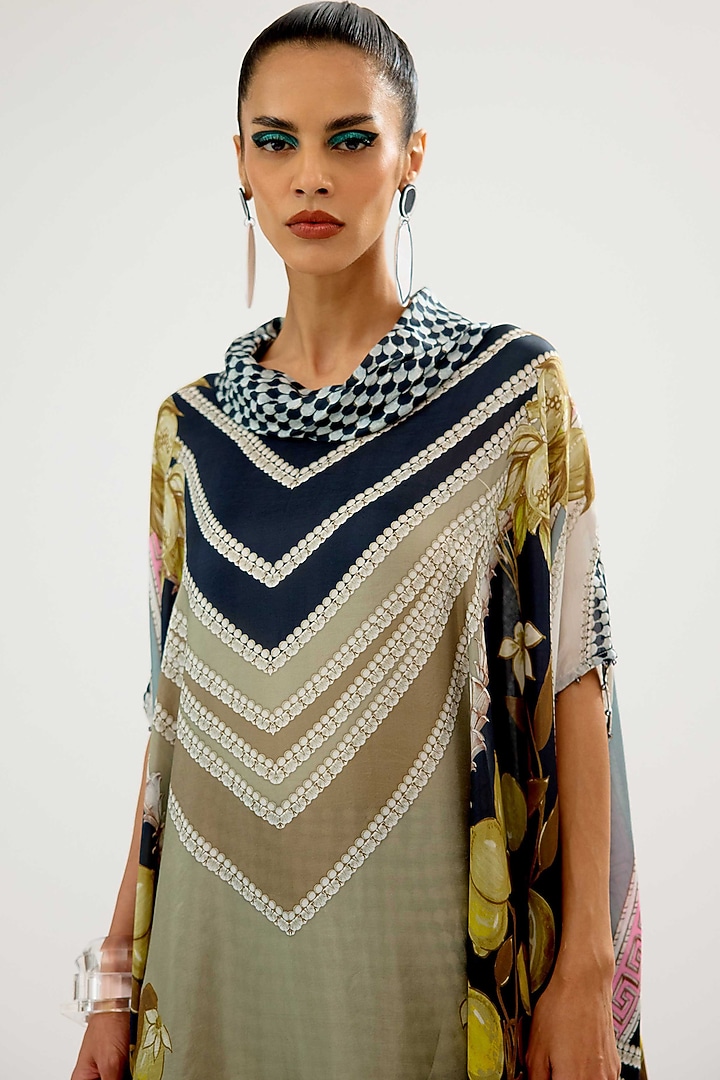 Fuchsia & Taupe Silk Printed Kaftan Tunic by Rajdeep Ranawat at Pernia's Pop Up Shop