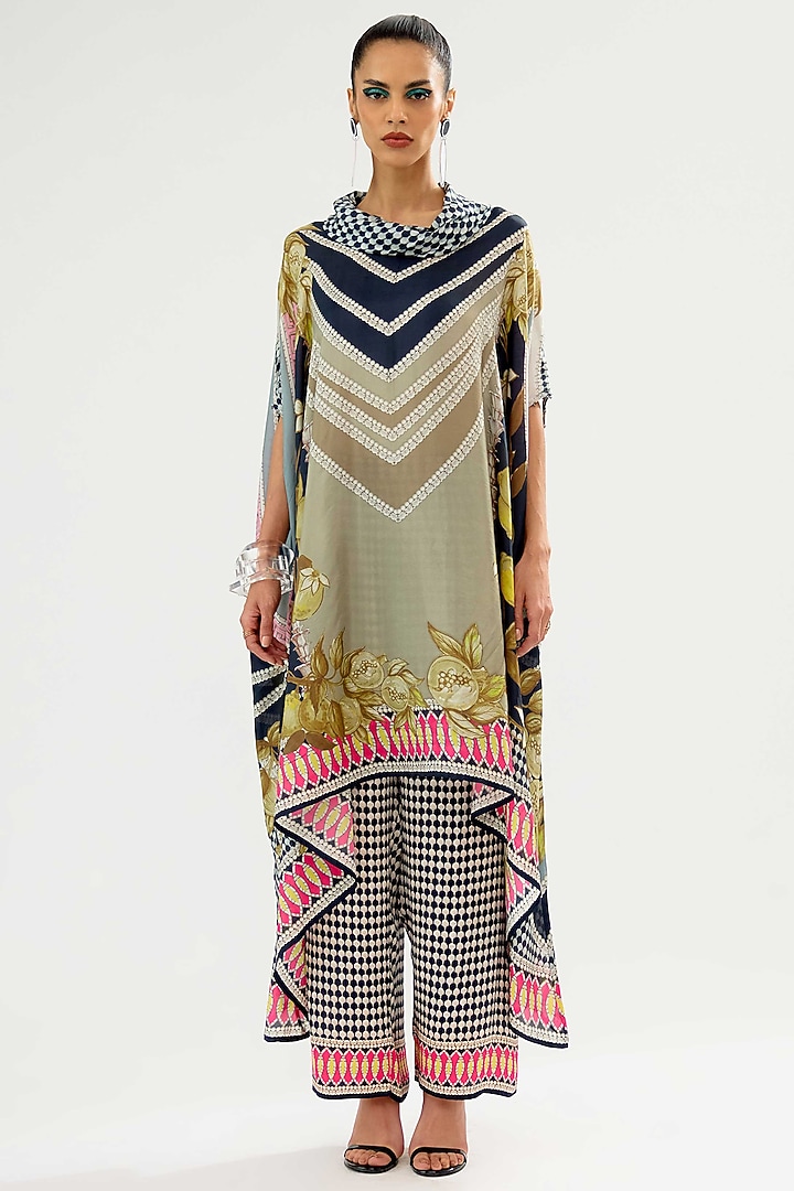 Fuchsia & Taupe Modal Satin Printed Pants by Rajdeep Ranawat at Pernia's Pop Up Shop