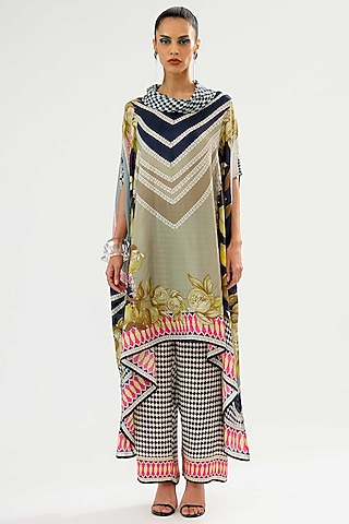 Fuchsia & Taupe Modal Satin Printed Pants by Rajdeep Ranawat