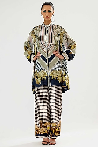 Black & Blush Silk Printed A-Line Tunic by Rajdeep Ranawat