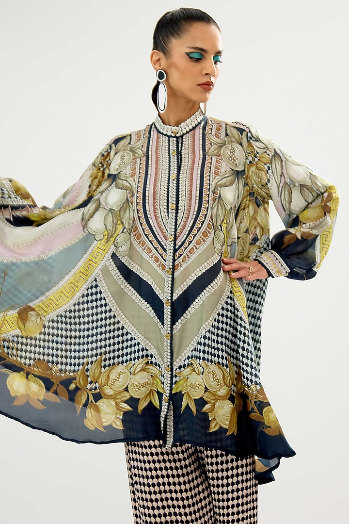 Black & Blush Silk Printed A-Line Tunic by Rajdeep Ranawat at Pernia's Pop Up Shop