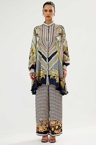 Black & Blush Modal Satin Printed Pants by Rajdeep Ranawat