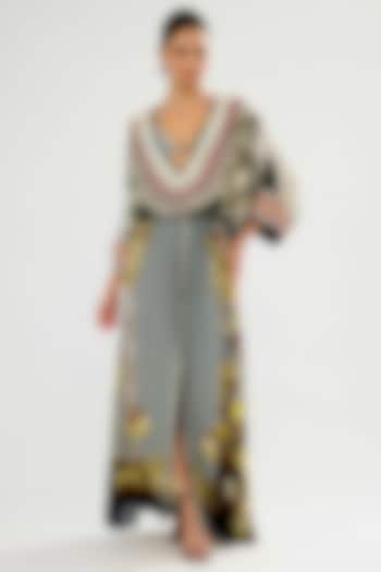 Fuchsia & Black Bemberg Crepe Printed Maxi Cocktail Dress by Rajdeep Ranawat at Pernia's Pop Up Shop