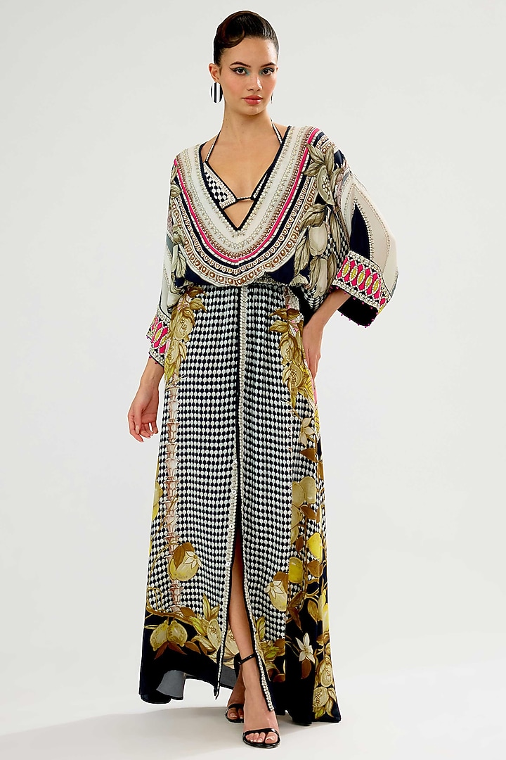 Fuchsia & Black Bemberg Crepe Printed Maxi Cocktail Dress by Rajdeep Ranawat at Pernia's Pop Up Shop