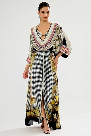 Fuchsia & Black Bemberg Crepe Printed Maxi Dress by Rajdeep Ranawat