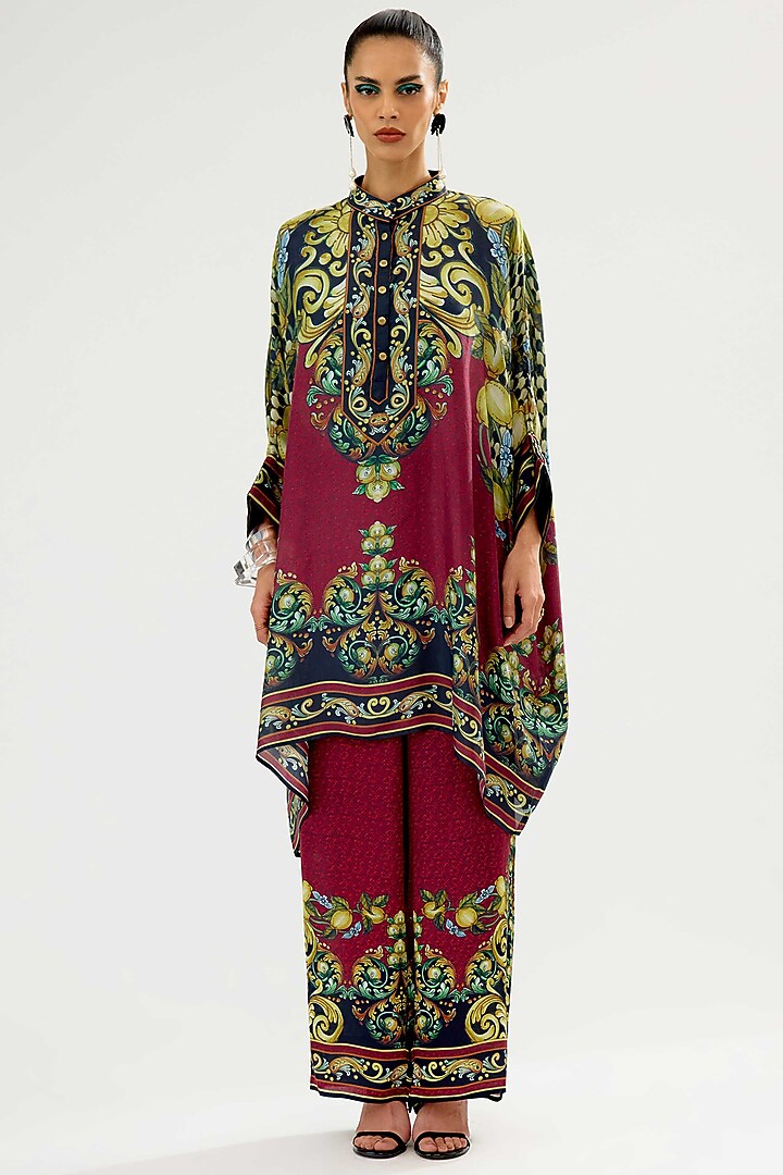 Burgundy & Black Silk Printed Tunic by Rajdeep Ranawat at Pernia's Pop Up Shop