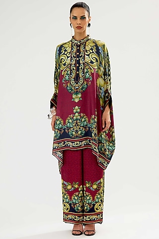 Burgundy & Black Silk Printed Tunic by Rajdeep Ranawat