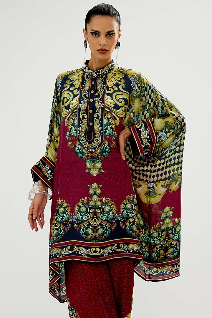Burgundy & Black Silk Printed Tunic by Rajdeep Ranawat at Pernia's Pop Up Shop