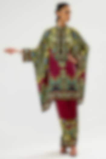 Burgundy & Black Modal Satin Printed Pants by Rajdeep Ranawat at Pernia's Pop Up Shop