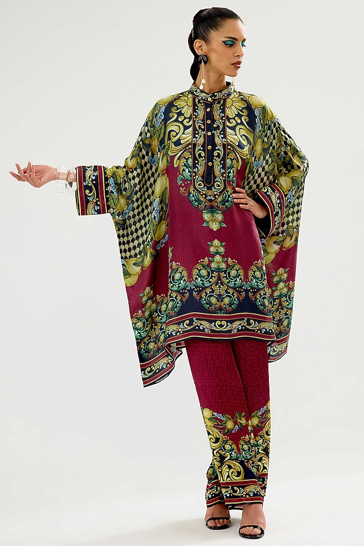 Burgundy & Black Modal Satin Printed Pants by Rajdeep Ranawat at Pernia's Pop Up Shop