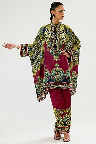 Burgundy & Black Modal Satin Printed Pants by Rajdeep Ranawat