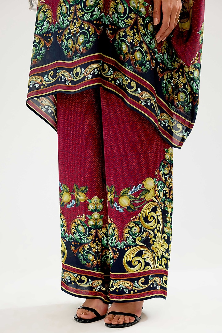 Burgundy & Black Modal Satin Printed Pants by Rajdeep Ranawat at Pernia's Pop Up Shop