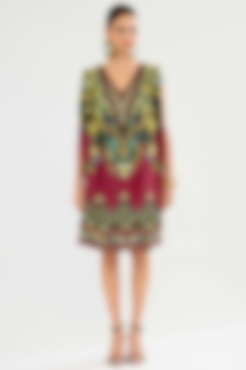 Burgundy Cotton Poplin Printed Mini Shift Vacation Dress by Rajdeep Ranawat at Pernia's Pop Up Shop