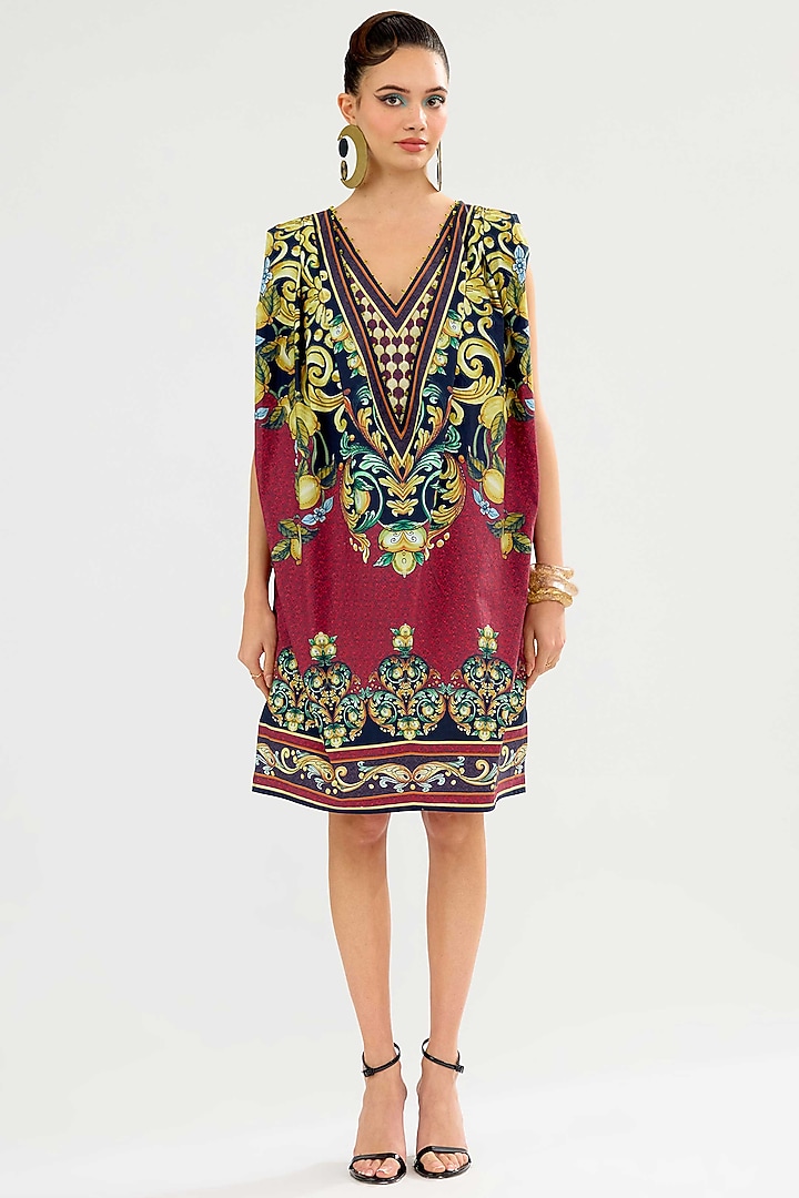Burgundy Cotton Poplin Printed Mini Shift Vacation Dress by Rajdeep Ranawat at Pernia's Pop Up Shop