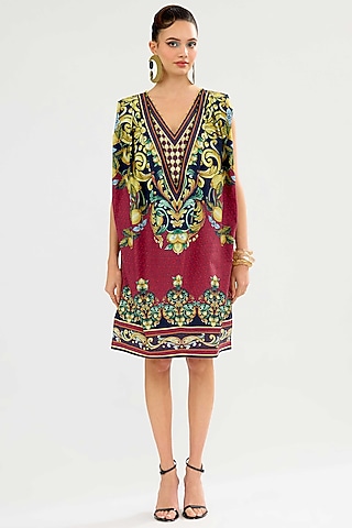 Burgundy Cotton Poplin Printed Mini Shift Dress by Rajdeep Ranawat