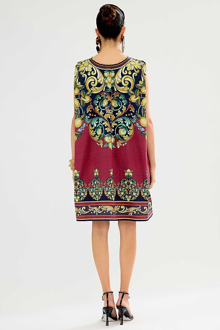 Burgundy Cotton Poplin Printed Mini Shift Vacation Dress by Rajdeep Ranawat at Pernia's Pop Up Shop
