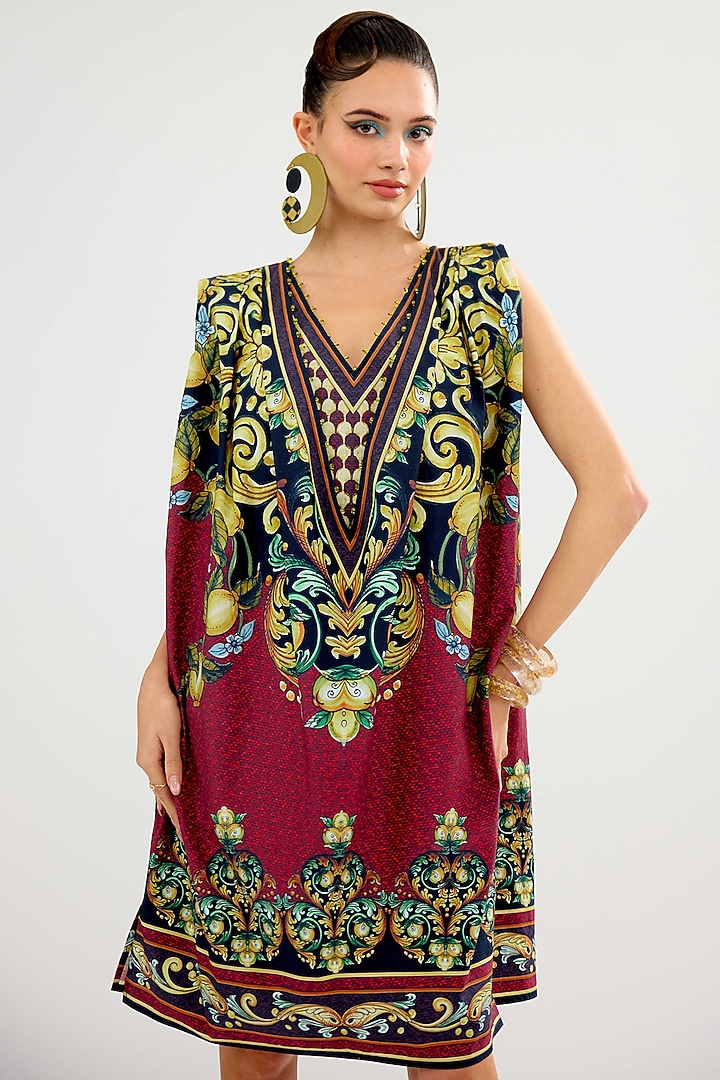 Burgundy Cotton Poplin Printed Mini Shift Vacation Dress by Rajdeep Ranawat at Pernia's Pop Up Shop