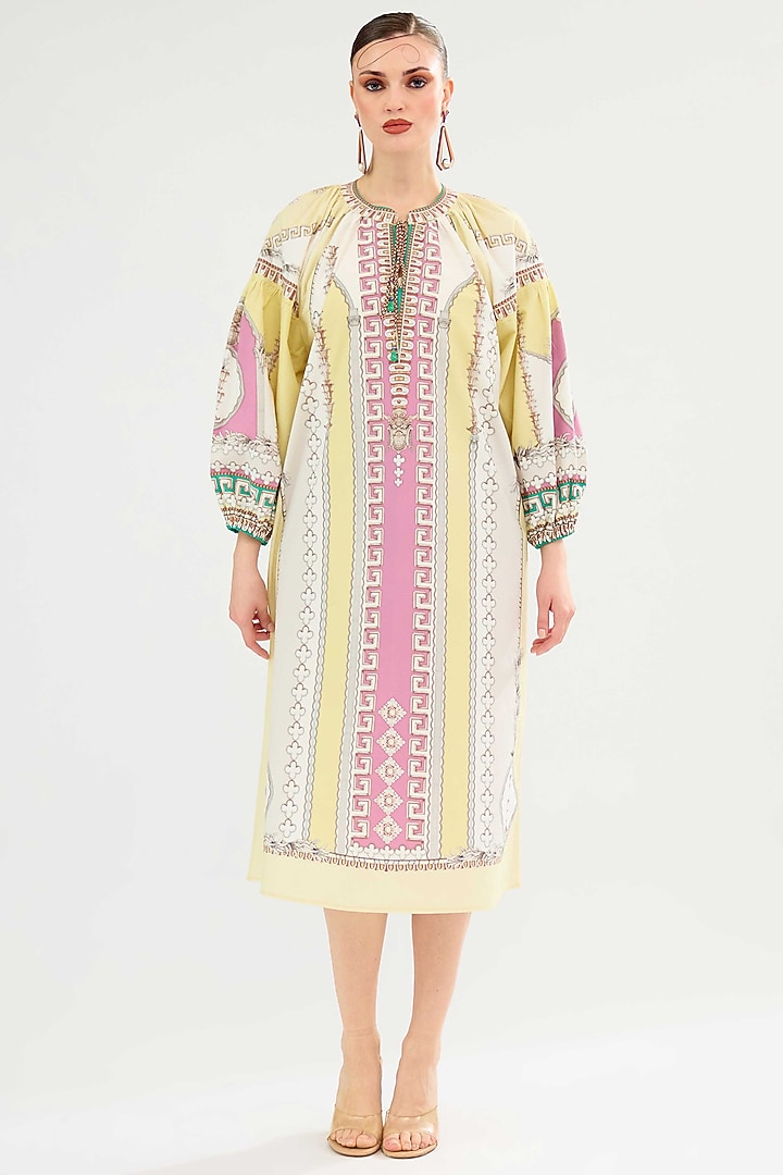Vanilla & Pink Cotton Poplin Printed Midi Vacation Dress by Rajdeep Ranawat at Pernia's Pop Up Shop