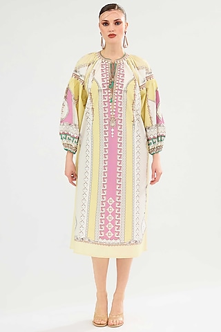 Vanilla & Pink Cotton Poplin Printed Midi Dress by Rajdeep Ranawat