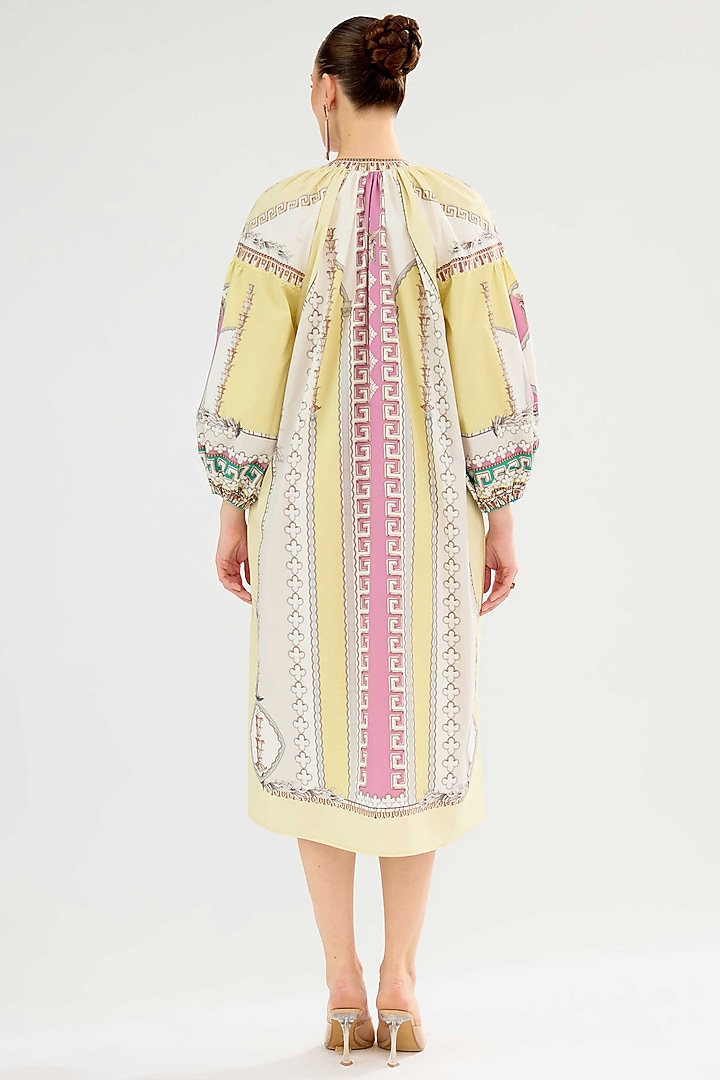 Vanilla & Pink Cotton Poplin Printed Midi Vacation Dress by Rajdeep Ranawat at Pernia's Pop Up Shop