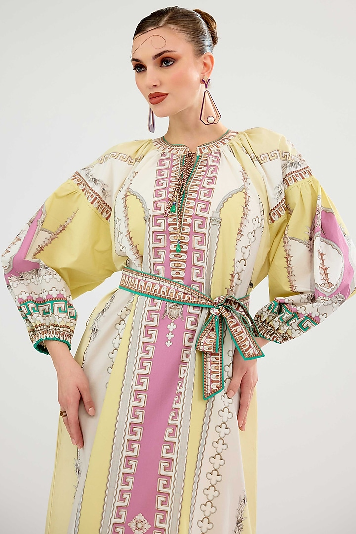 Vanilla & Pink Cotton Poplin Printed Midi Vacation Dress by Rajdeep Ranawat at Pernia's Pop Up Shop