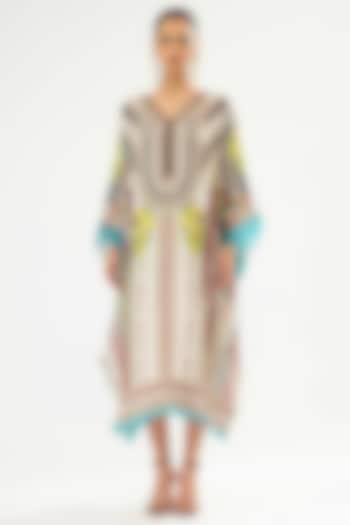 Ivory & Aqua Silk Printed Kaftan Vacation Dress by Rajdeep Ranawat at Pernia's Pop Up Shop