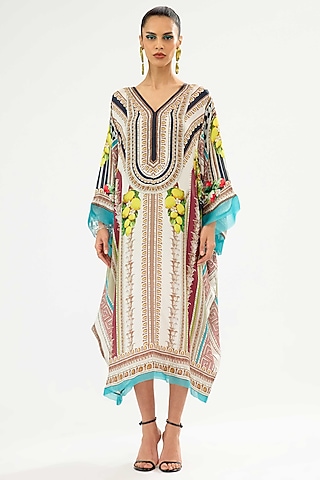 Ivory & Aqua Silk Printed Kaftan Dress by Rajdeep Ranawat