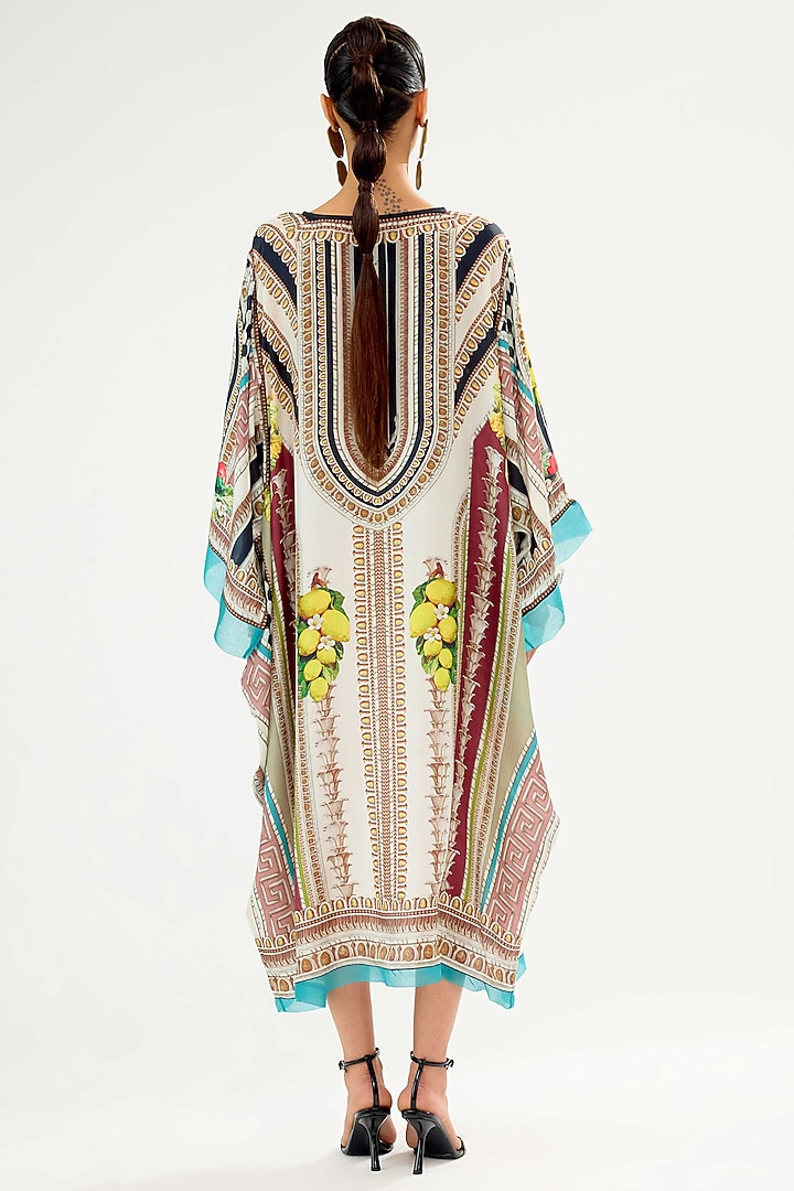 Ivory & Aqua Silk Printed Kaftan Vacation Dress by Rajdeep Ranawat at Pernia's Pop Up Shop