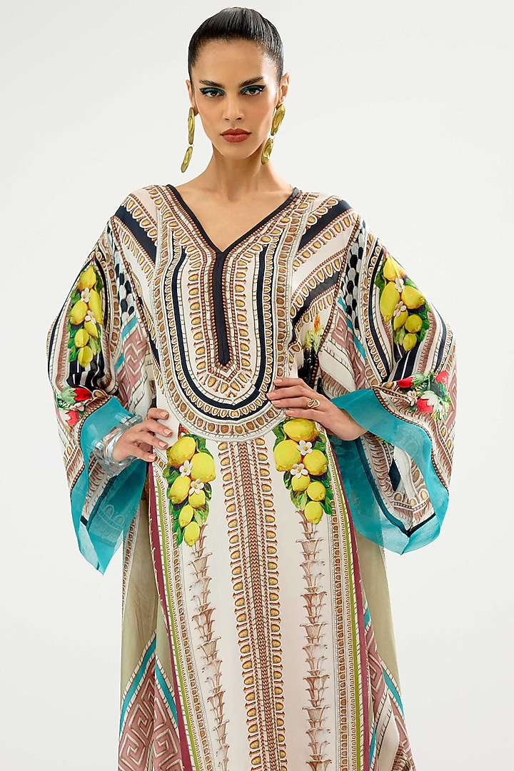 Ivory & Aqua Silk Printed Kaftan Vacation Dress by Rajdeep Ranawat at Pernia's Pop Up Shop