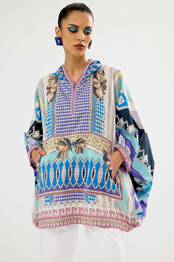 Aqua Silk Printed Hoodie by Rajdeep Ranawat at Pernia's Pop Up Shop