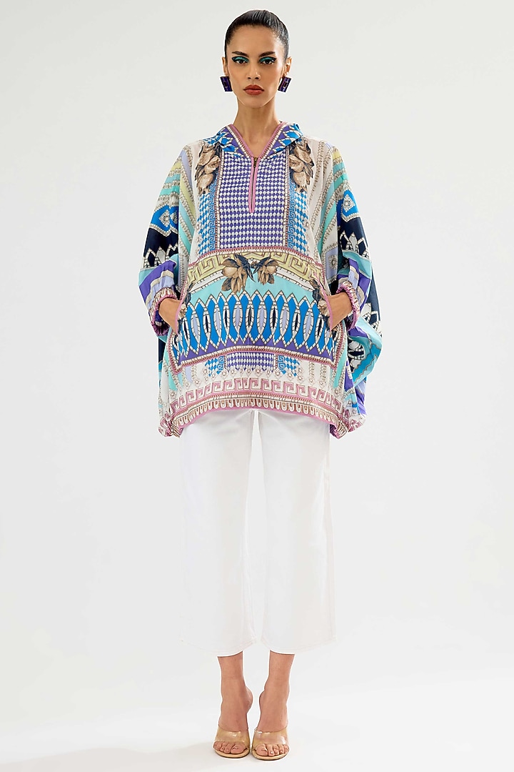Aqua Silk Printed Hoodie by Rajdeep Ranawat at Pernia's Pop Up Shop