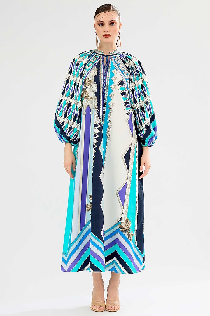 Aqua Cotton Poplin Printed Maxi Vacation Dress by Rajdeep Ranawat at Pernia's Pop Up Shop