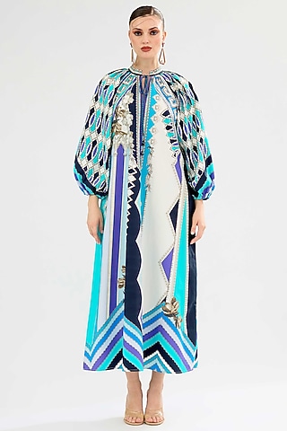 Aqua Cotton Poplin Printed Maxi Dress by Rajdeep Ranawat
