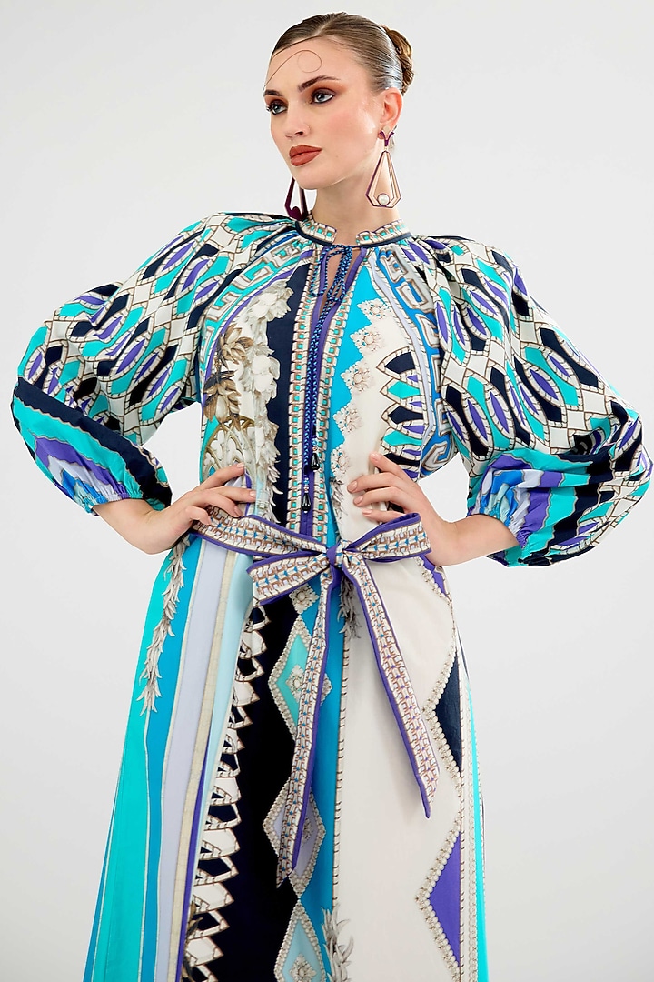 Aqua Cotton Poplin Printed Maxi Vacation Dress by Rajdeep Ranawat at Pernia's Pop Up Shop